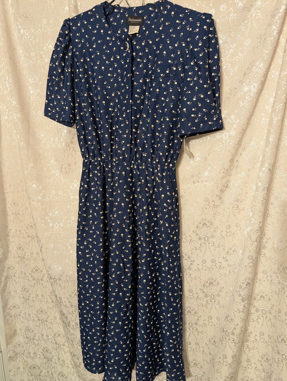 80s Cottagecore Navy Blue Ditsy Floral Dress Statements Made in USA Size 8